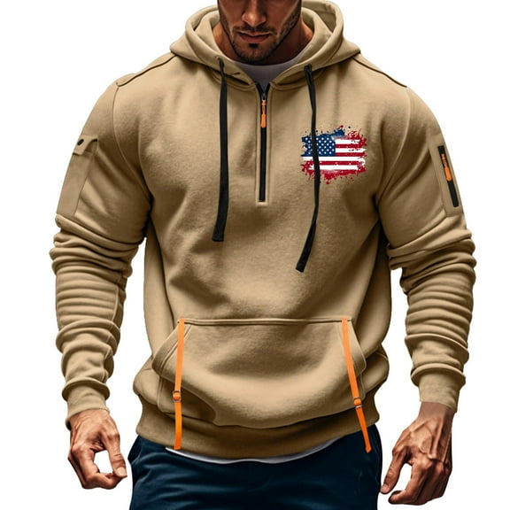 KeShDi Hoodies for Men Quarter Zip Pullover Tactical Y2k Hoodie with Pockets American Flag Men's Spring and Fall Printed Hooded Sweatshirt Zipper Multi-Pocket Pullover Sweatshirt Khaki 2X