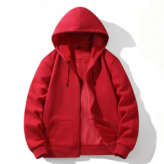 KeShDi Hoodies for Men Grey Hoodie Men Men's Solid Color Zipper Cardigan Hooded Thick Hoodie Jacket Red 2X