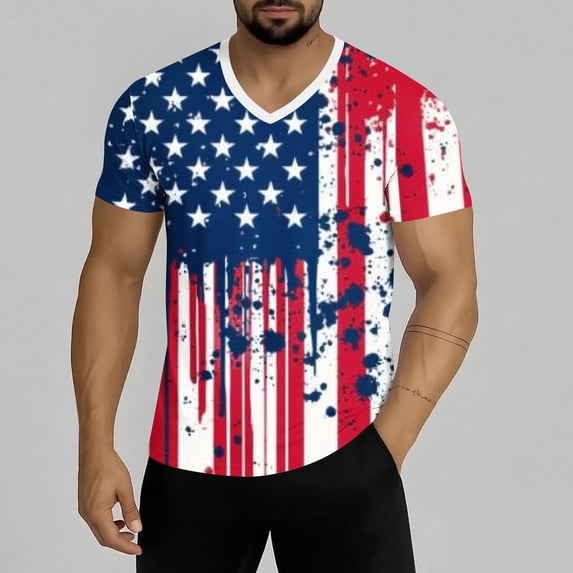 KeShDi Independence Day 4th Of July Shirts for Men Casual V-neck Printing Pullover Fitness Sports Shorts Sleeves T Shirt Blouse Hot Pink M