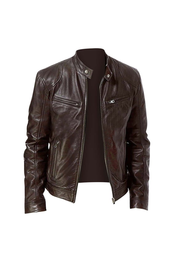 Jacket Men Leather Jacket Men Men's Solid Color Long Sleeved Casual Leather Jacket Long Sleeve Hoodless Faux Leather Outwear Jackets Brown 2X