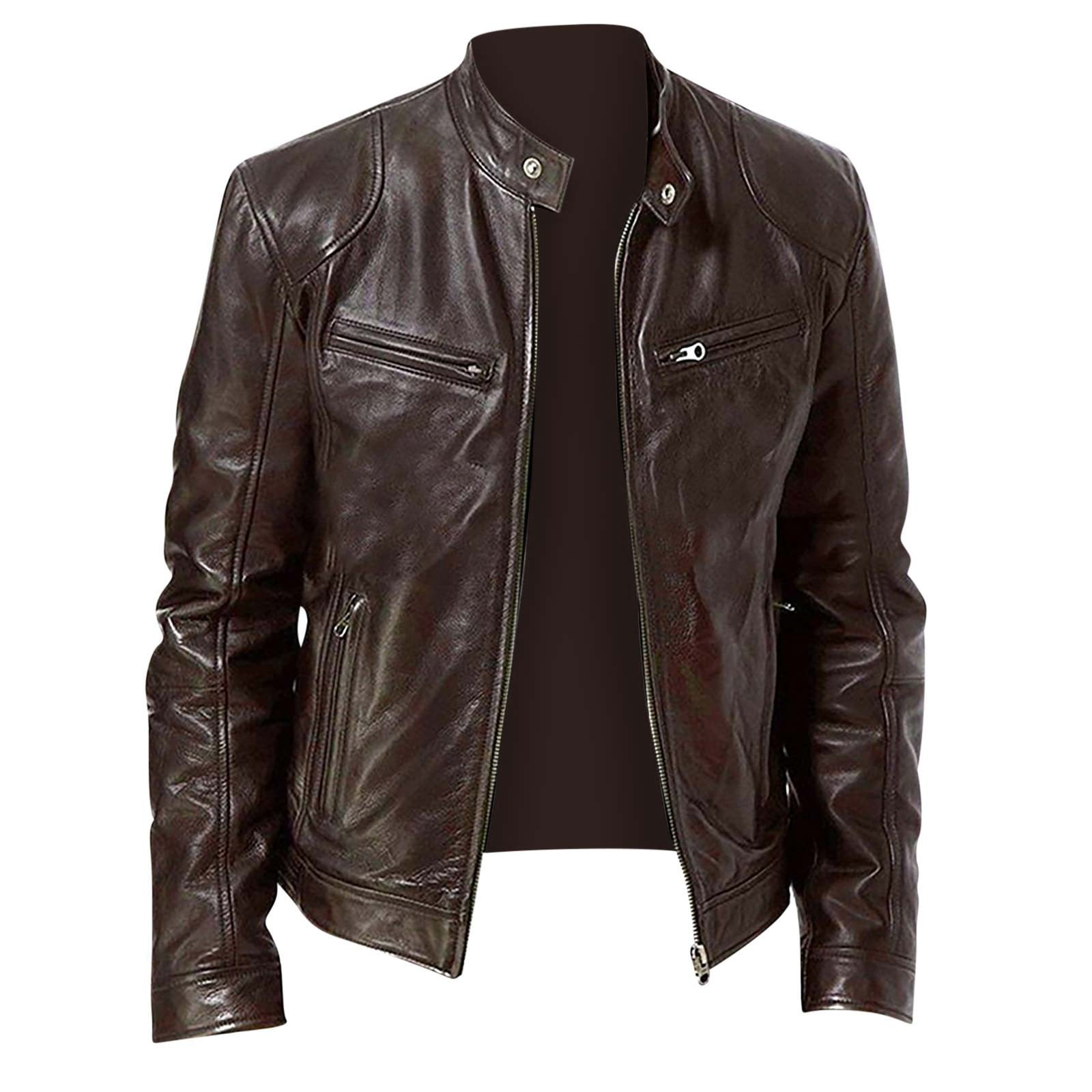 KeShDi Jacket Men Leather Jacket Men Men's Solid Color Long Sleeved Casual Leather Jacket Long Sleeve Hoodless Faux Leather Outwear Jackets Brown 5X