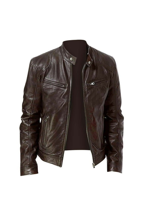 Jacket Men Leather Jacket Men Men's Solid Color Long Sleeved Casual Leather Jacket Long Sleeve Hoodless Faux Leather Outwear Jackets Brown L