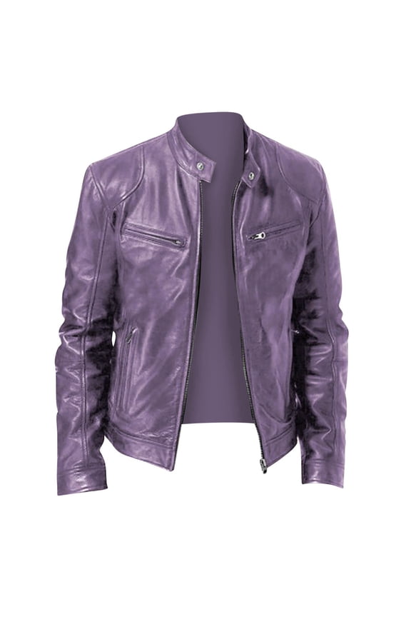 Jacket Men Leather Jacket Men Men's Solid Color Long Sleeved Casual Leather Jacket Long Sleeve Hoodless Faux Leather Outwear Jackets Purple 4X