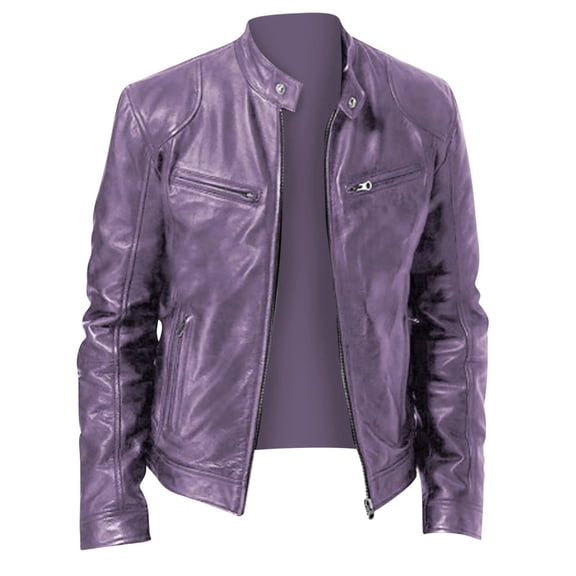 KeShDi Jacket Men Leather Jacket Men Men's Solid Color Long Sleeved Casual Leather Jacket Long Sleeve Hoodless Faux Leather Outwear Jackets Purple 5X