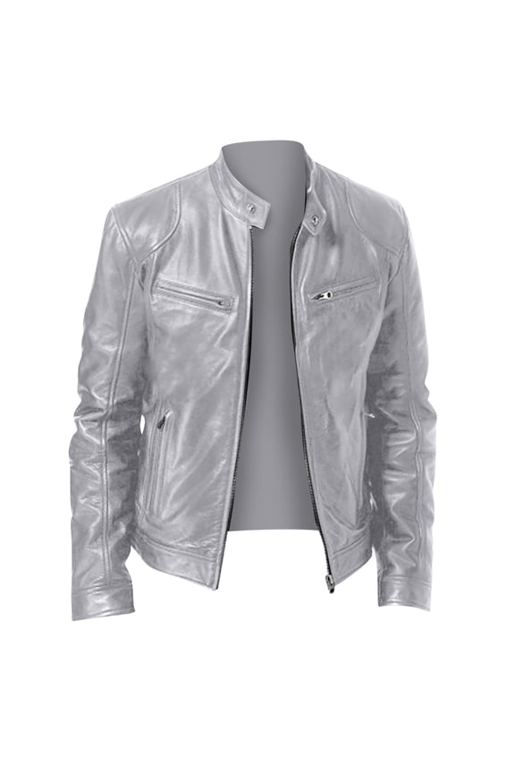 Jacket Men Leather Jacket Men Men's Solid Color Long Sleeved Casual Leather Jacket Long Sleeve Hoodless Faux Leather Outwear Jackets Silver 3X