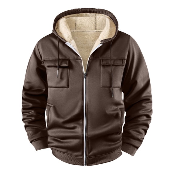 KeShDi Jacket Men's Fleece Solid Color Long-sleeve Hooded Pocket Drawstring Top Coat Coffee 2X