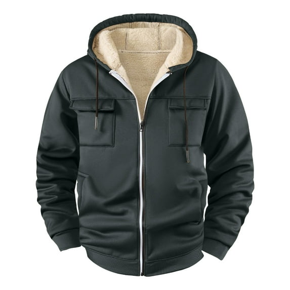 KeShDi Jacket Men's Fleece Solid Color Long-sleeve Hooded Pocket Drawstring Top Coat Dark Gray L