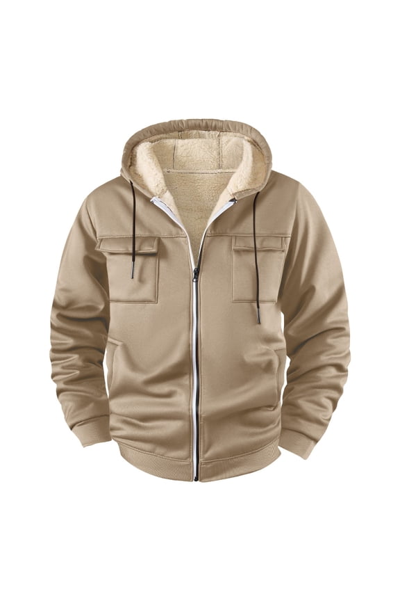 Jacket Men's Fleece Solid Color Long-sleeve Hooded Pocket Drawstring Top Coat Khaki XL