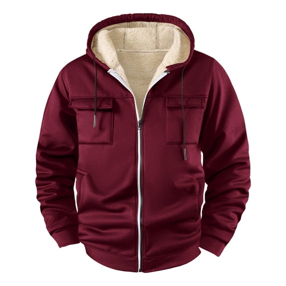 KeShDi Jacket Men's Fleece Solid Color Long-sleeve Hooded Pocket Drawstring Top Coat Wine S