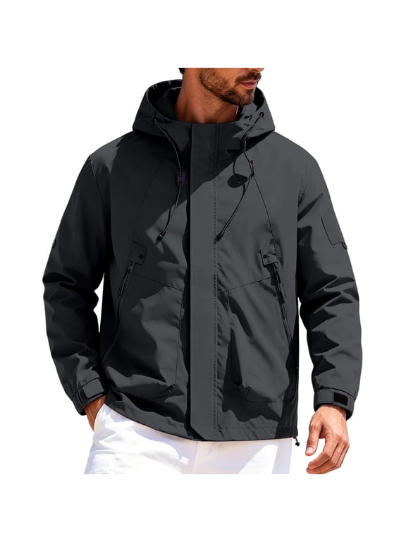 Jacket for Men Hooded Long Sleeve Zip Up Outdoor Windbreaker Rain Coat with Pockets Black M