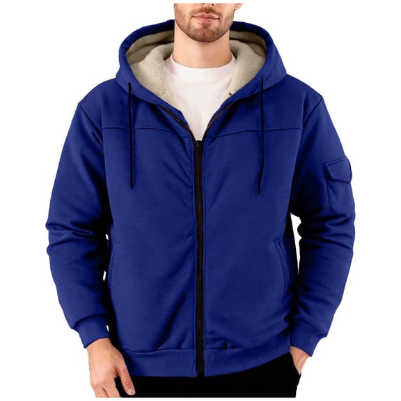 KeShDi Jackets for Men's Adding Fleece Fashionable Solid Color Long Sleeved Zipper Cardigan Pocket Cuff Pocket Keep Warm Hooded Hood Jacket Coat Dark Blue S