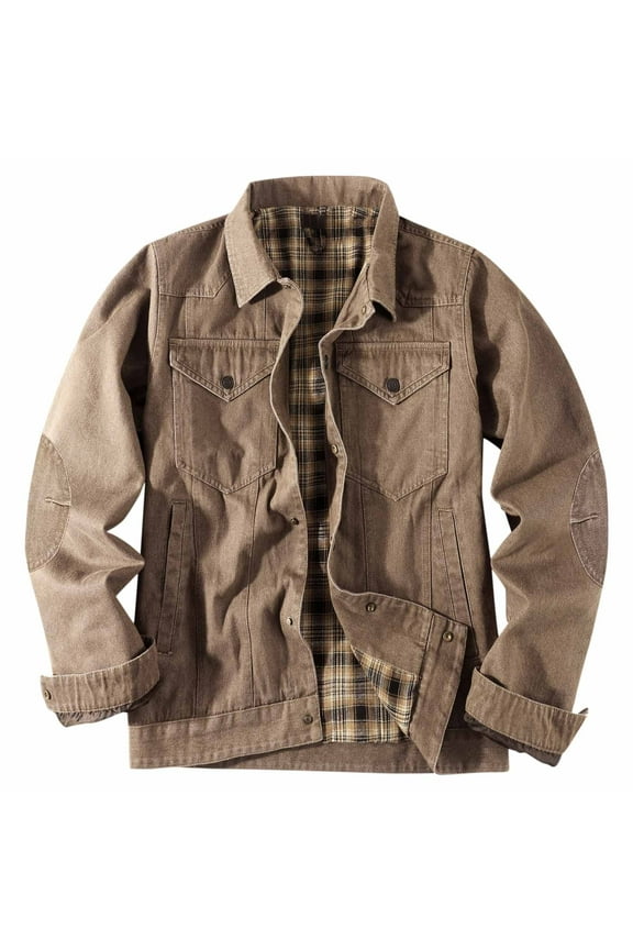 Jackets for Men Flannel Men's Casual Denim Long Sleeve Hoodless Outwear Jackets Brown XL
