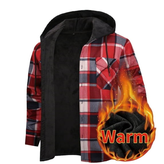 KeShDi Jackets for Men Flannel Shirt for Men Casual Faddish Solid Long Sleeves Button Hooded Outwear Sports Coat Jacket Red S