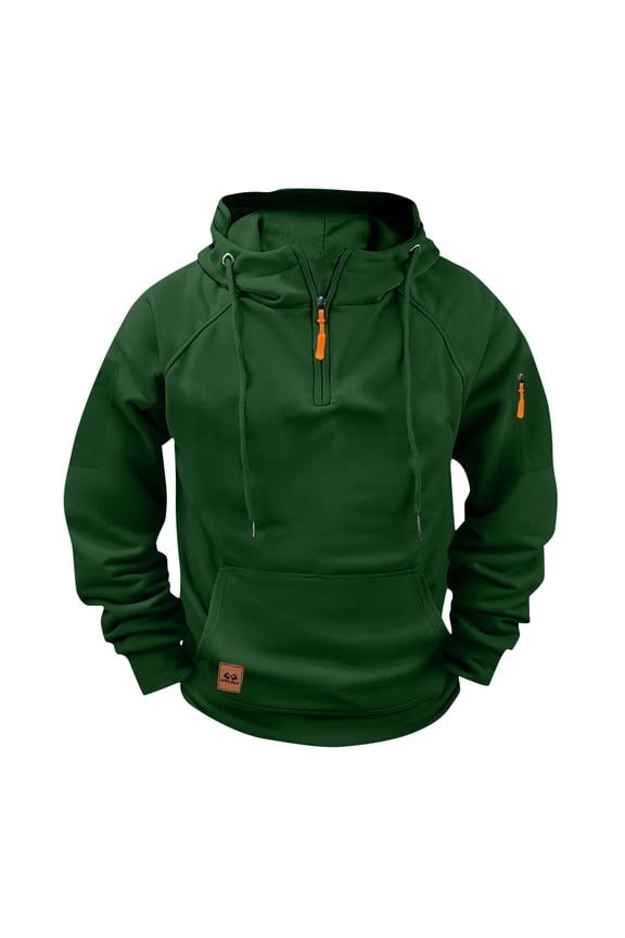Jean Jacket Men Solid Raglan Pullover Multiple Pockets Half Zipper Sport Hoodie Hoodie Coat Army Green 3X