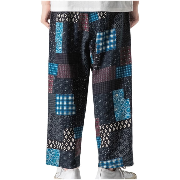 KeShDi Jogging Pants Men's and Linen Casual Loose Plaid Oversized Lantern Pants Harlan Straight Leg Pants Blue M