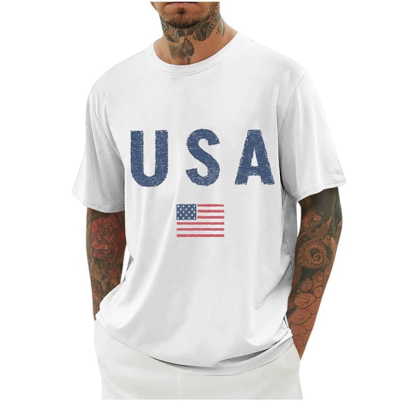 KeShDi July 4th Shirt Patriotic Shirts Men Printing Round Neck Casual Fashion Short Sleeve Round-Neck Blouses Shirts White L