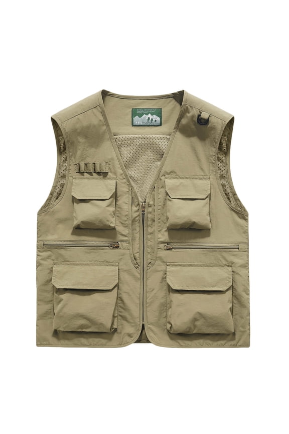 Junior Fishing Work Tank Tops Quick Dry Tops Lightweight Fashion Zipper Multi Pocket Neck Sleeveless Work Jacket Tank Khaki 3X
