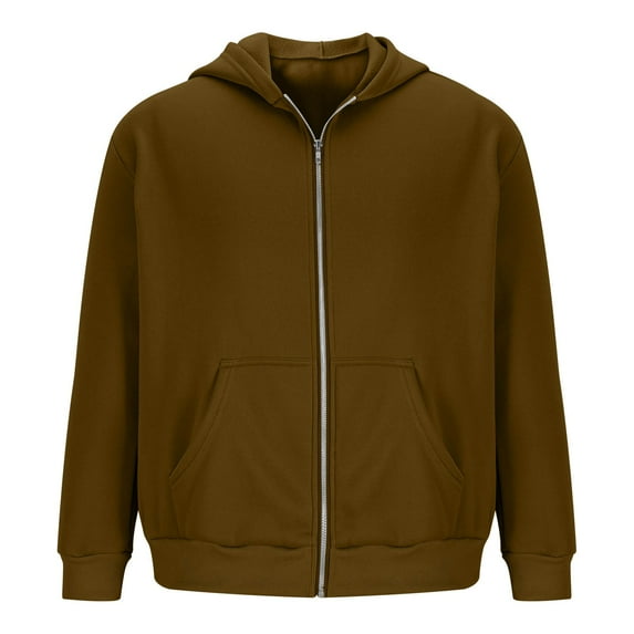 KeShDi Leather Jacket Men's Zipper Hoodie Shoulder Down Hoodie Solid Color Full Zipper Sportswear Men's Casual Hoodie Brown L