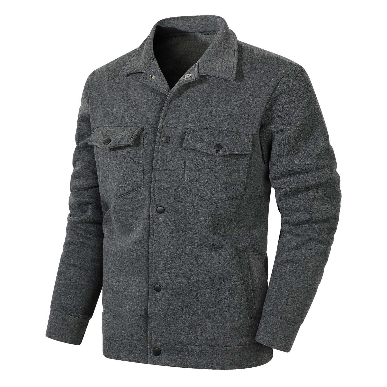 KeShDi Leather Jacket Mens Fleece Jacket Men Casual Fashion Snap Button Cardigan Flip Collar Pocket Long Sleeve Jacket Coat Dark Gray S