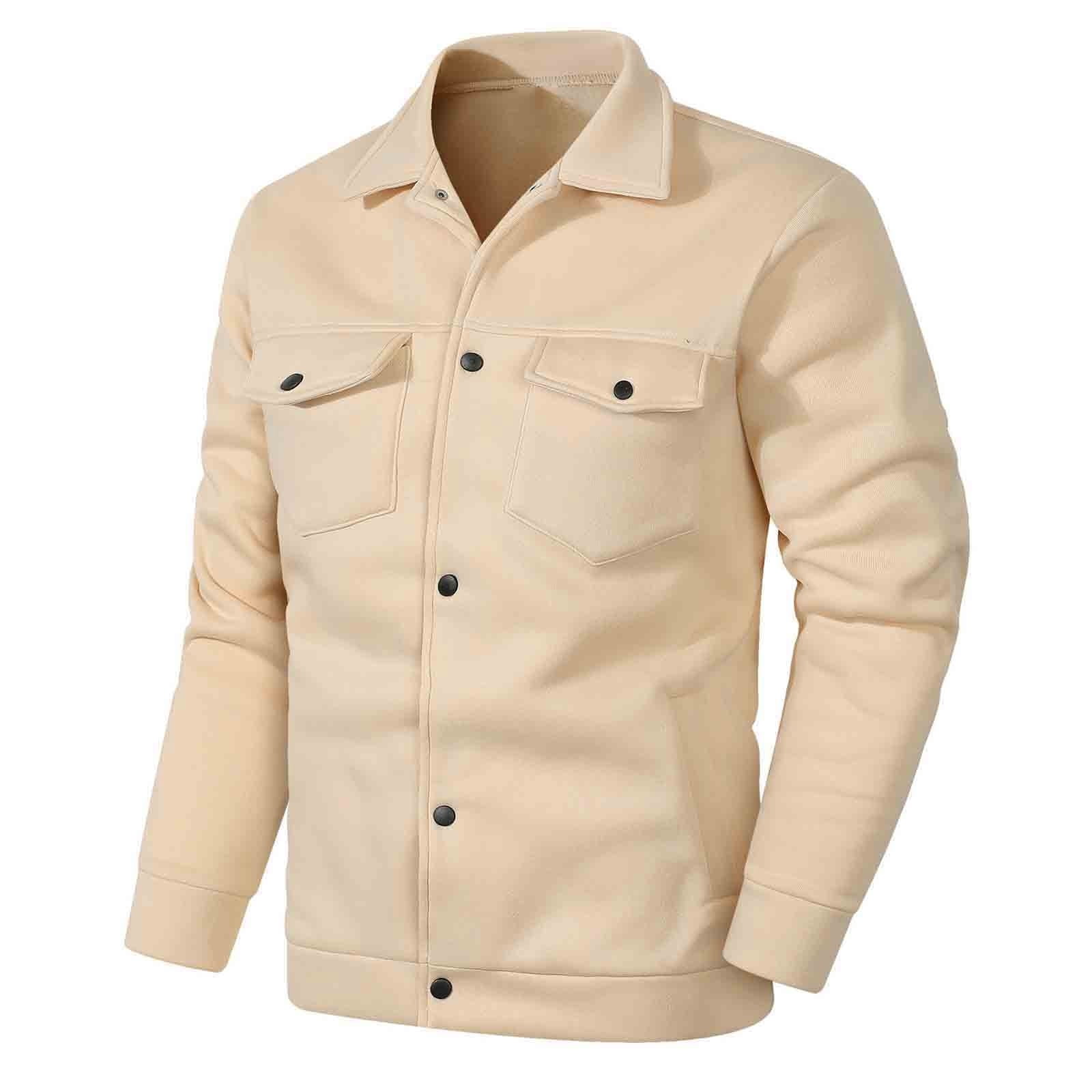 KeShDi Leather Jacket Mens Fleece Jacket Men Casual Fashion Snap Button Cardigan Flip Collar Pocket Long Sleeve Jacket Coat Khaki S