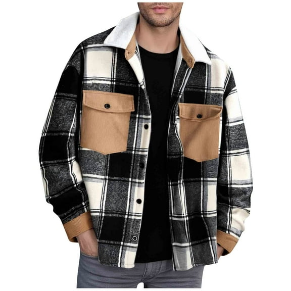 KeShDi Leather Jacket Mens Fleece Jacket Men Plaid Fashionable Loose Casual Button Long Turndown Collar Blouse Coat Jacks Black XL