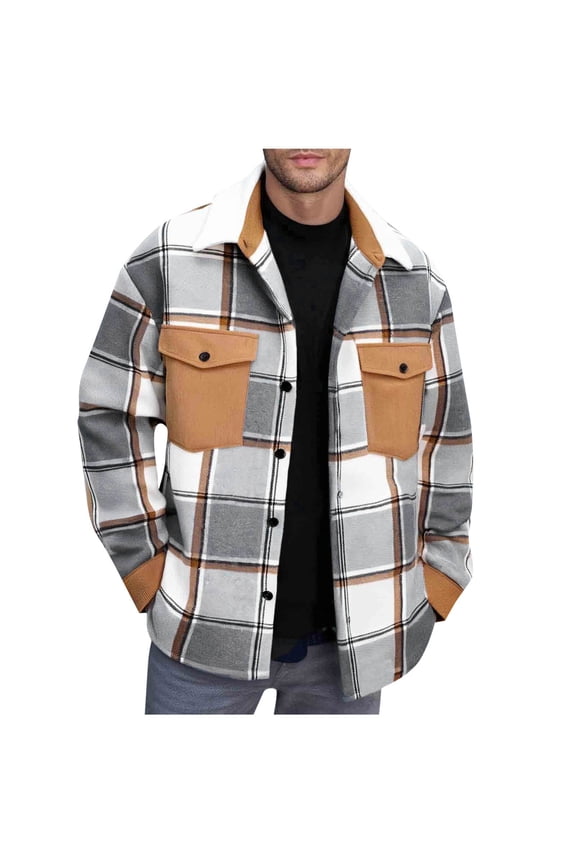 Leather Jacket Mens Fleece Jacket Men Plaid Fashionable Loose Casual Button Long Turndown Collar Blouse Coat Jacks Gray S
