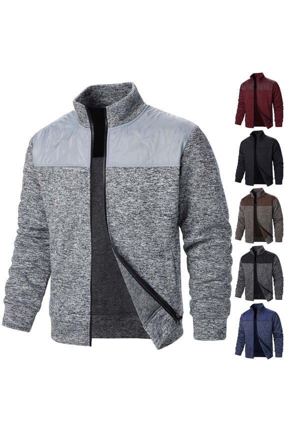 Leather Jacket Mens Fleece Jacket Men's Fall Splicing Knit Shirt Zipper Top Solid Color Cardigan Jacket Coffee M