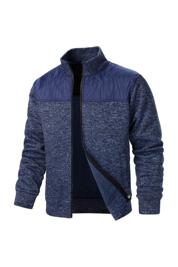 Leather Jacket Mens Fleece Jacket Men's Fall Splicing Knit Shirt Zipper Top Solid Color Cardigan Jacket Navy 2X