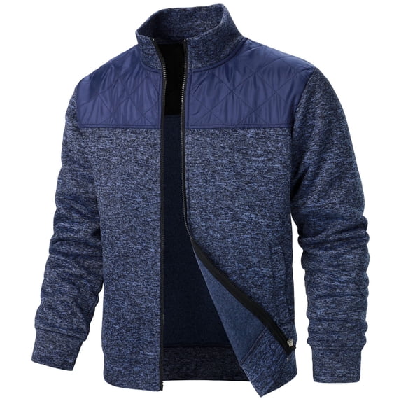 KeShDi Leather Jacket Mens Fleece Jacket Men's Fall Splicing Knit Shirt Zipper Top Solid Color Cardigan Jacket Navy 3X