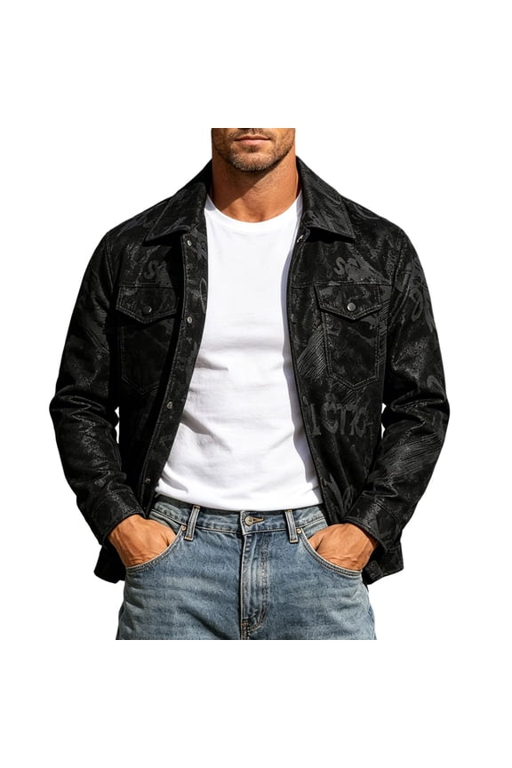 Leather Jacket for Men Golf Streetwear Graffiti Print Trucker Jacket with Buttons Casual Coat Trendy Turn-Down Collar Long Sleeve Black 3X