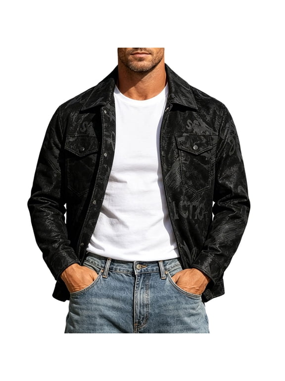 Leather Jacket for Men Golf Streetwear Graffiti Print Trucker Jacket with Buttons Casual Coat Trendy Turn-Down Collar Long Sleeve Black XL