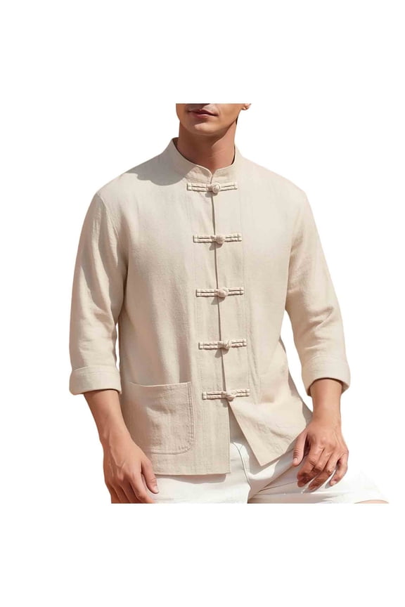 Linen Blazer Jacket Tang Suit Shirt Traditional Kung Fu Uniform Frog Buttons Clothes Men Solid Color Fashionable Casual Loose Button Long Sleeve Stand-up Collar Blouse Shirt Khaki 2X