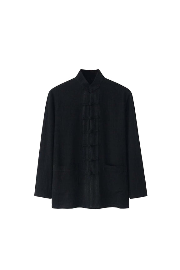Linen Shirts for Men Retro Mandarin Collar Chinese Frog Button Tops Traditional Cotton Tai Chi Kung Fu Mandarin Long Sleeve Button Breathable Double Pocket Black M
