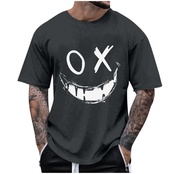 KeShDi Linen Shirts for Men Summer Fashion Casual Men's Round Neck Printed T-shirt Top Gray M
