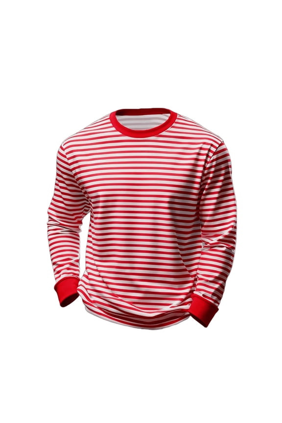 Long Sleeve Shirts For Men Red and White Striped Shirt Fashion Men Printing Blouses Long Sleeve Round Neck Pullover Fashionable Top Blouse Red XL