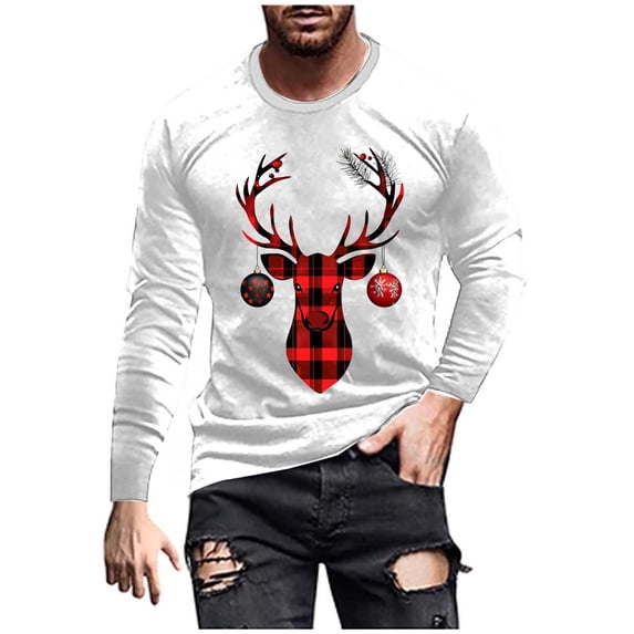KeShDi Long Sleeve Shirts for Men Fashion Casual Men Christmas Print Sports Long Sleeves Round-Neck Blouses Shirts White XL