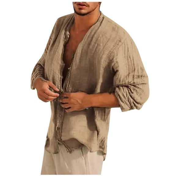 KeShDi Long Sleeve Shirts for Men Fashion Casual Solid Color Button Long Sleeve Round-Neck Blouses Khaki 2X