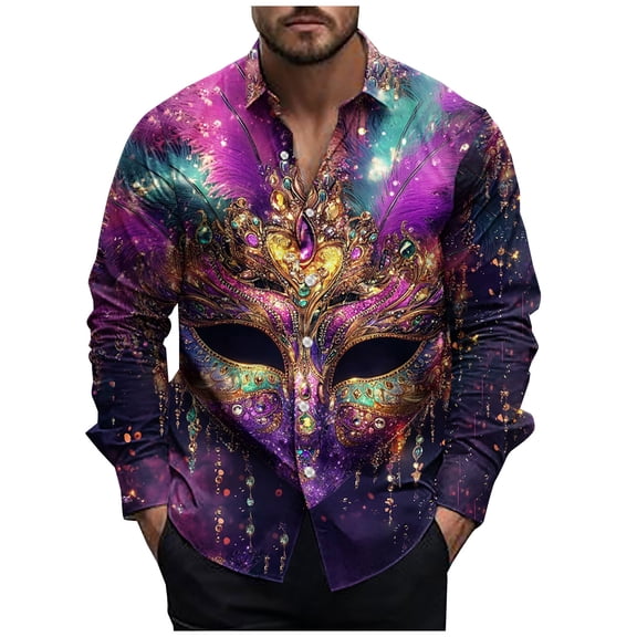 KeShDi Mardi Gras Button Down Shirts Fashionable Men's Casual and Comfortable Long Sleeved Collar Printed Shirt Multicolor L