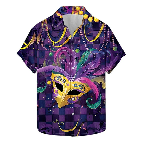 KeShDi Mardi Gras Shirts for Men Button Down Tshirts Short Sleeve Men's Printing Button Casual Short Sleeve Turndown Collar Blouse Shirt Multicolor S
