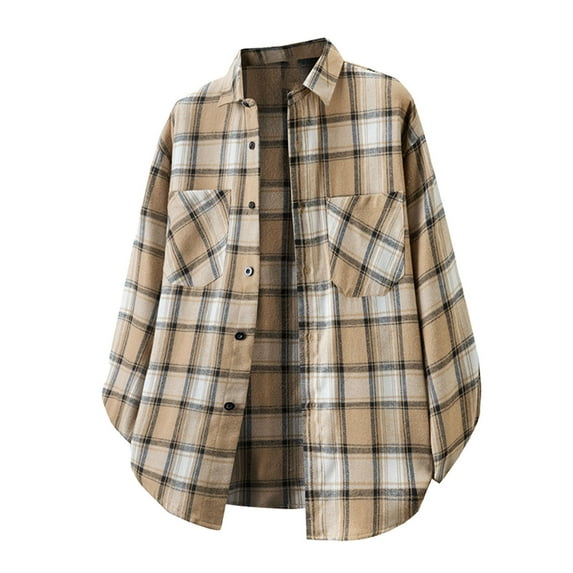 KeShDi Men Flannel Shirt Men Plaid Fashionable Casual Button Long Sleeve Turndown Collar Blouse Shirt Khaki 4X