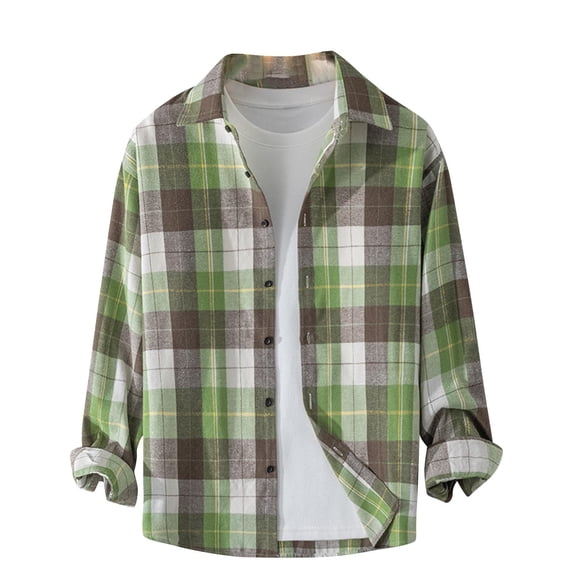 KeShDi Men Flannel Shirt Men's Fashion Casual Solid Color Buttons Long Sleeve Turndown Collar Blouse Top Green M