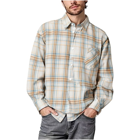 KeShDi Men Flannel Shirt Men's Vintage Casual Check Button Pocket Lapel Fashion Long Sleeve Shirt. Khaki XL
