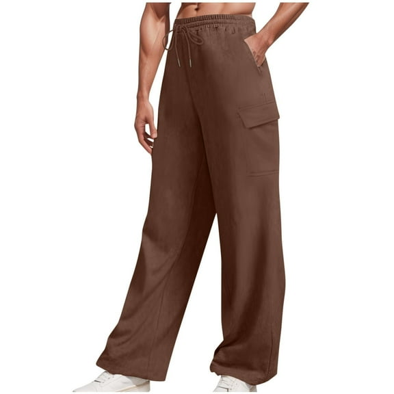 KeShDi Men Pants Men's Sports Recreation Pants Men Pockets Casual Fashion Solid Elastic Waist Straight Trousers Pants Brown M
