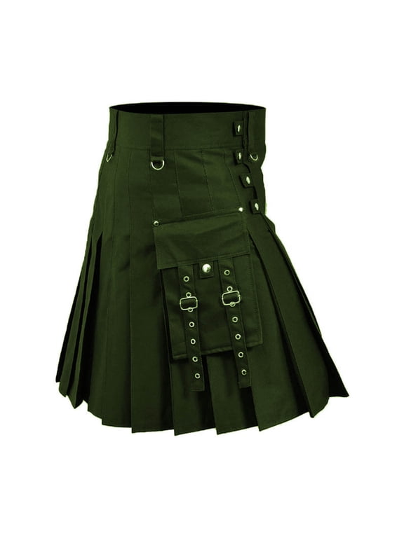 Men Traditional Scottish Highland Skirt Black Utility Kilt Medieval Renaissance Pants Men Casual Solid Snap Fastener Have Pockets Pleated Skirt Short Skirt Army Green 2X
