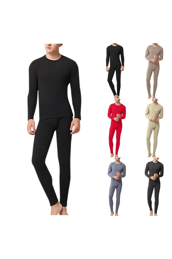 Men's 2-Pack Thermal Long Sleeve Undershirt Men Solid Round Neck Long Sleeves Elastic Waist Trousers High Elasticity Two Tone Warm Underwear Set Red L