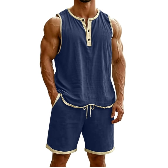 KeShDi Men's 4x Satin Pajama Shorts Set Men's Solid Color Sleeveless Round Neck T-shirt Elastic Waist Drawstring Shorts Linen Set Navy M
