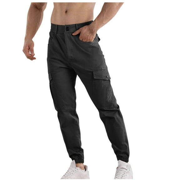 KeShDi Men's Dress Pants Men's Fashion Casual Solid Color Cargo Pockets Elastic Rope Waist Casual Cargo Pants Black XS