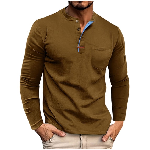 KeShDi Men's Shirts Polo Shirts Button Down Henley Shirts Men Casual Fashion Solid Color Breathable Long Sleeve Round Collar Button Pocket Top Brown 3X