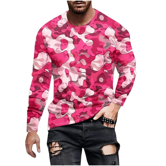 KeShDi Men's Shirts T Shirt Men's Camouflage Print Crewneck Casual Long-sleeved Pink 2X