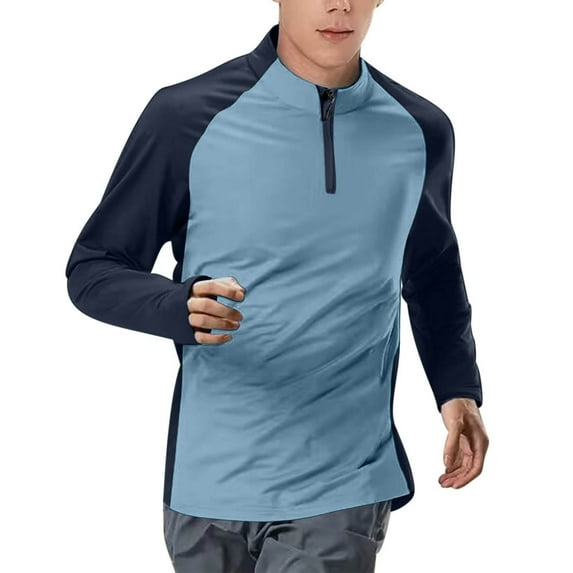 KeShDi Men's Shirts T Shirt Men's Solid Color Round Neck Zipper Long Sleeved Sports and Fitness T-shirt Blue 3X